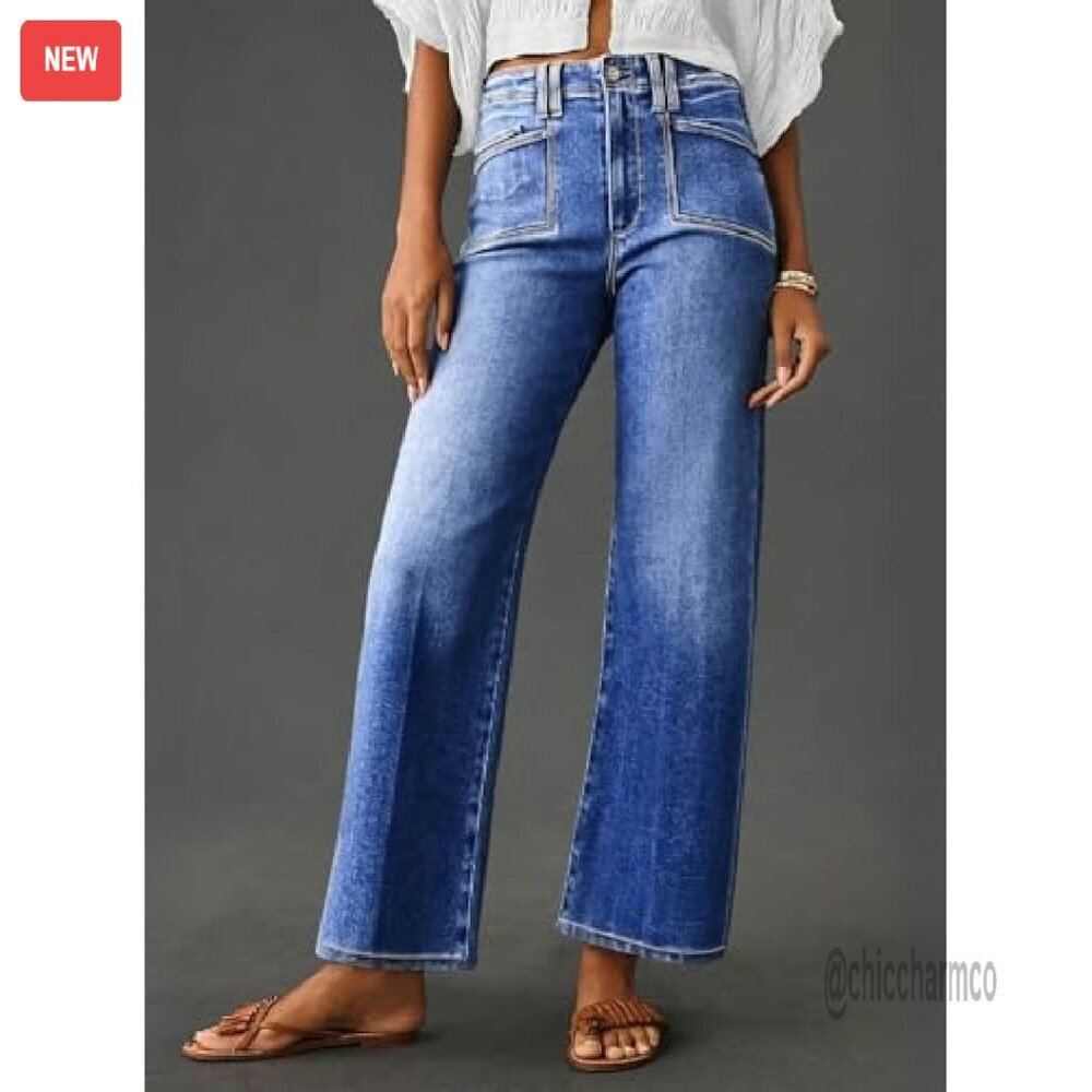 High Waisted Wide Leg Stretchy Denim Jeans Women's Buttoned Pants - Picture 5 of 8